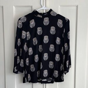 H&M Black Top Blouse with Owl Design Womens 6 Whimsygoth Goth Witchy
